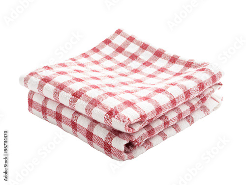 a stack of red and white checkered towels