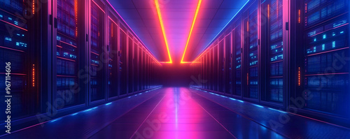 Neon Glow: Server Room Data Center Technology