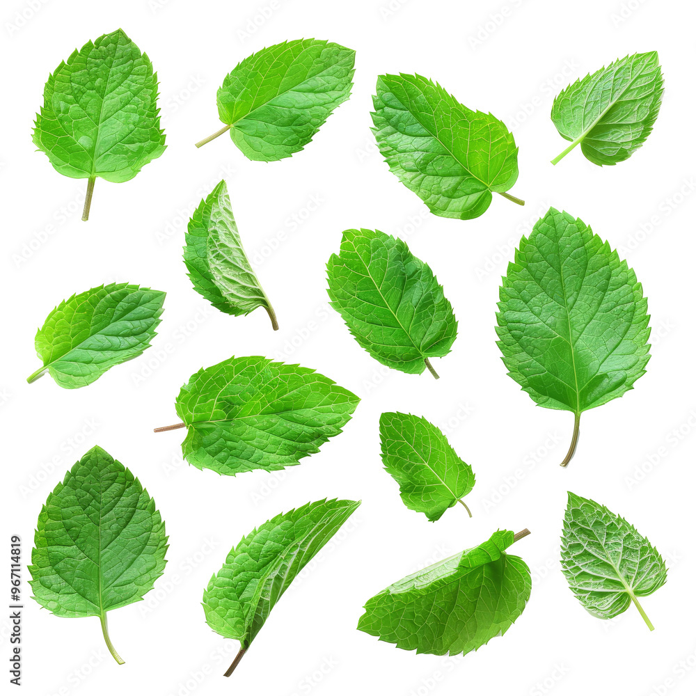 Fresh mint leaves arranged on a transparent background showcasing various shapes and textures during natural light Fresh mint leaves arranged on a transparent background showcasing various shapes and textures during natural light