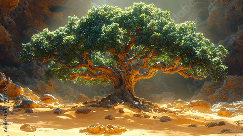 An old green oak tree that grows in the desert. Abstraction. A lot of sand. Colorfull. High detail photo