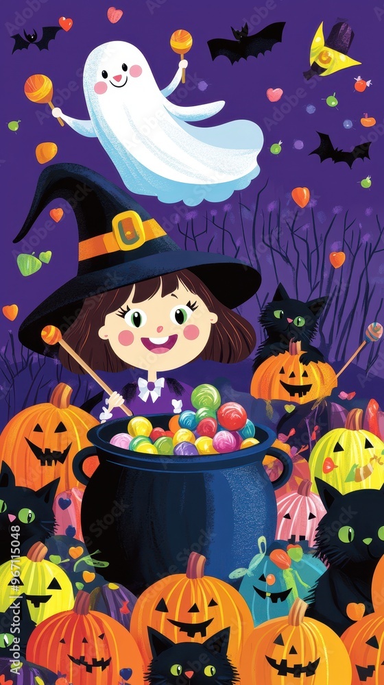 A cheerful witch stands beside a bubbling cauldron filled with candy, surrounded by playful ghosts and smiling pumpkins A cheerful witch stands beside a bubbling cauldron filled with candy, surrounded by playful ghosts and smiling pumpkins