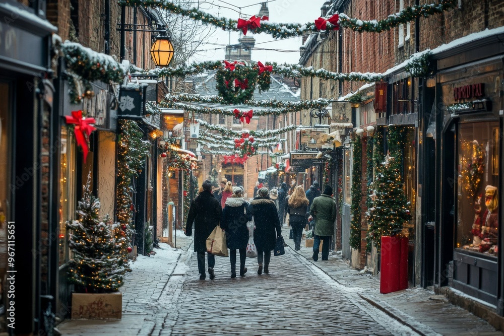 Snow-Covered Christmas Market Alleyway with Shoppers Snow-Covered Christmas Market Alleyway with Shoppers