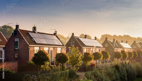 Solar Panels on Dutch Houses at Sunrise photo