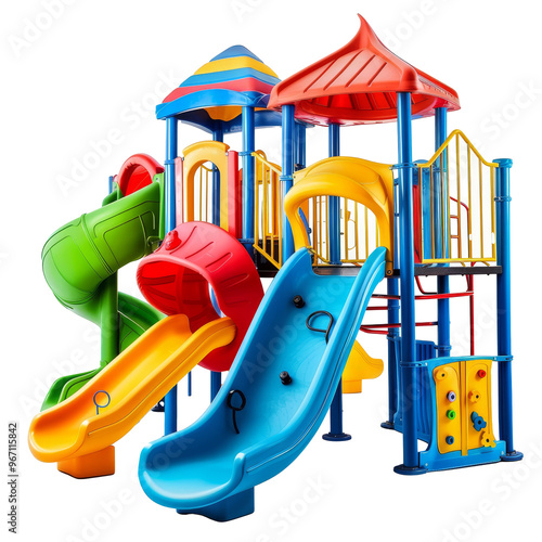 Colorful playground structure featuring slides and climbing areas designed for outdoor fun in a community park during sunny weather photo