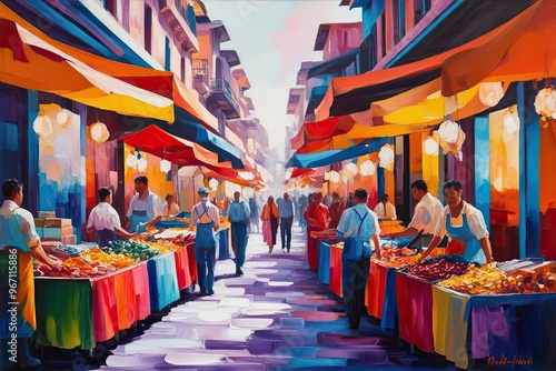 Vivid Abstract Oil Painting of Colorful Cultural Street Markets