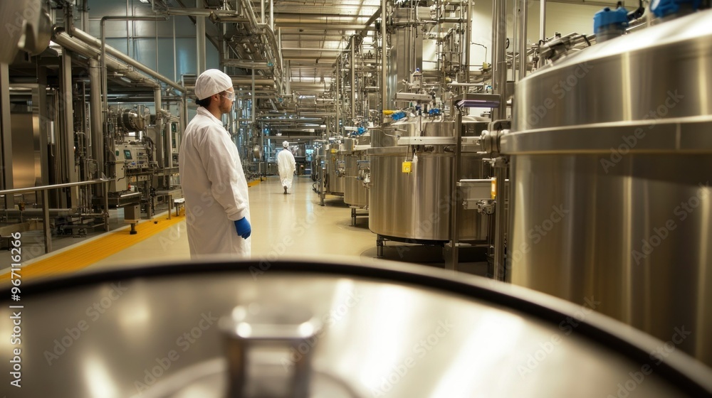 A lone worker in a sterile factory, surrounded by large industrial tanks and pipes A lone worker in a sterile factory, surrounded by large industrial tanks and pipes