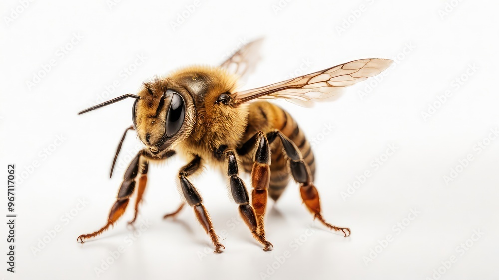 A honey bee flying isolated against a clean white background A honey bee flying isolated against a clean white background
