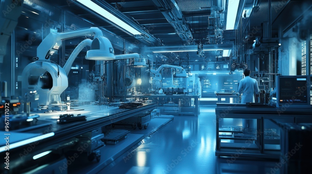 Futuristic Laboratory with Robotic Arm and Scientist Futuristic Laboratory with Robotic Arm and Scientist