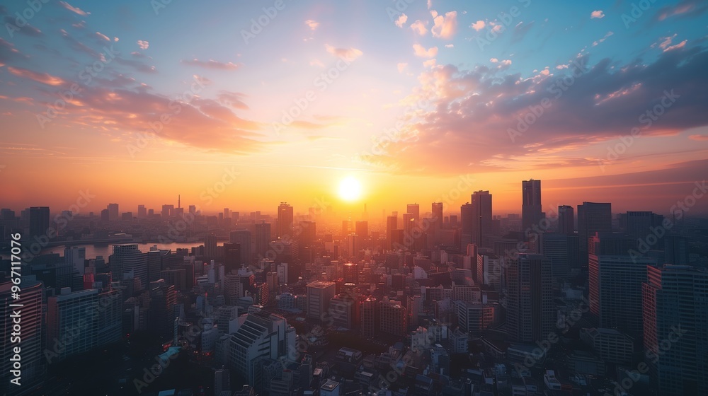 Fototapeta premium Stunning Urban Sunrise Over Cityscape with Vibrant Sky and Modern Architecture