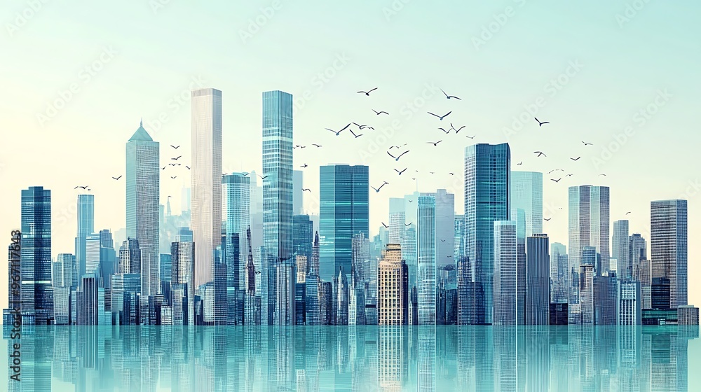Modern City Skyline with Reflection in Water Modern City Skyline with Reflection in Water