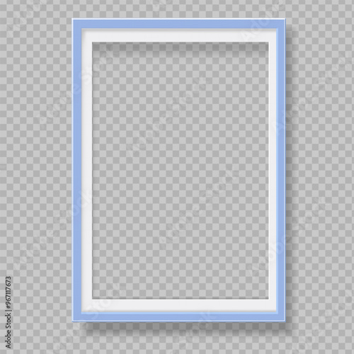 Blue blank picture frame with shadow effect. Vertical picture frame isolated. Mockup empty place for your text or photo. Realistic template are waiting to be filled with memories. Vector illustration
