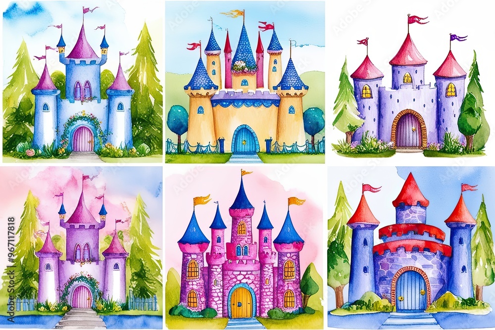 Obraz premium Captivating Watercolor Castle Art for Kids Featuring Whimsical Details and Playful Backgrounds