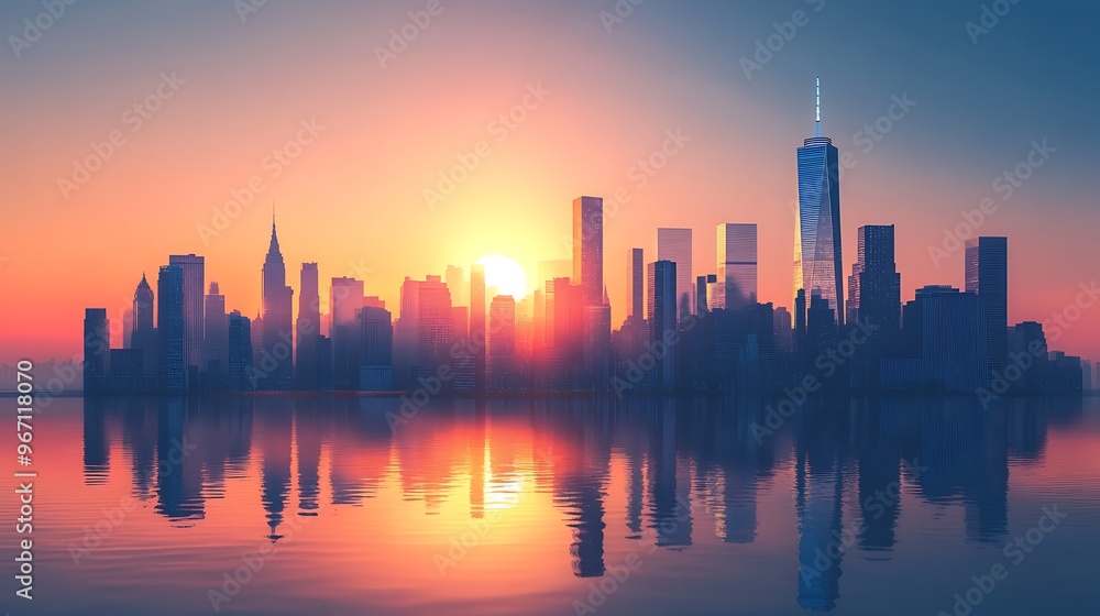 Modern City Skyline with Reflection in Water Modern City Skyline with Reflection in Water