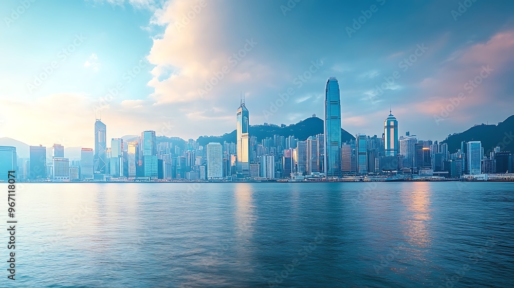 Modern City Skyline with Reflection in Water Modern City Skyline with Reflection in Water