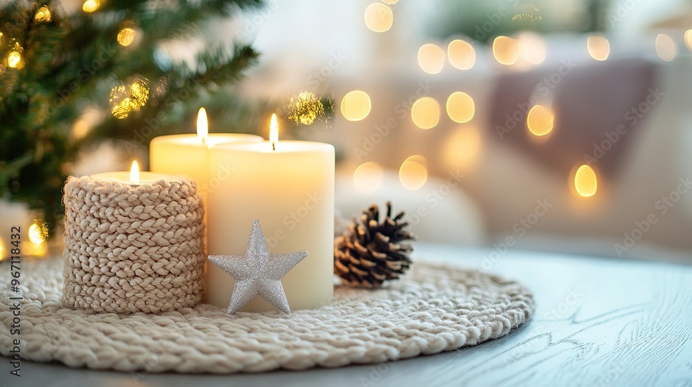 A beautifully decorated living room in Scandinavian style for Christmas, showcasing a festive mood. The interior features braided round candlesticks in white, a Scandinavian star, A beautifully decorated living room in Scandinavian style for Christmas, showcasing a festive mood. The interior features braided round candlesticks in white, a Scandinavian star,