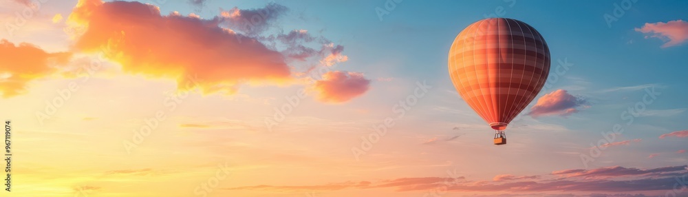 Naklejka premium A vibrant hot air balloon ascends against a stunning sunset, capturing the essence of adventure and freedom in the sky.