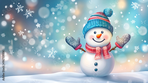 Winter holiday background banner cute snowman Merry christmas and happy new year