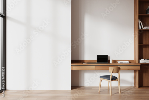Home bedroom interior with work zone, table and chair with shelf. Mockup wall