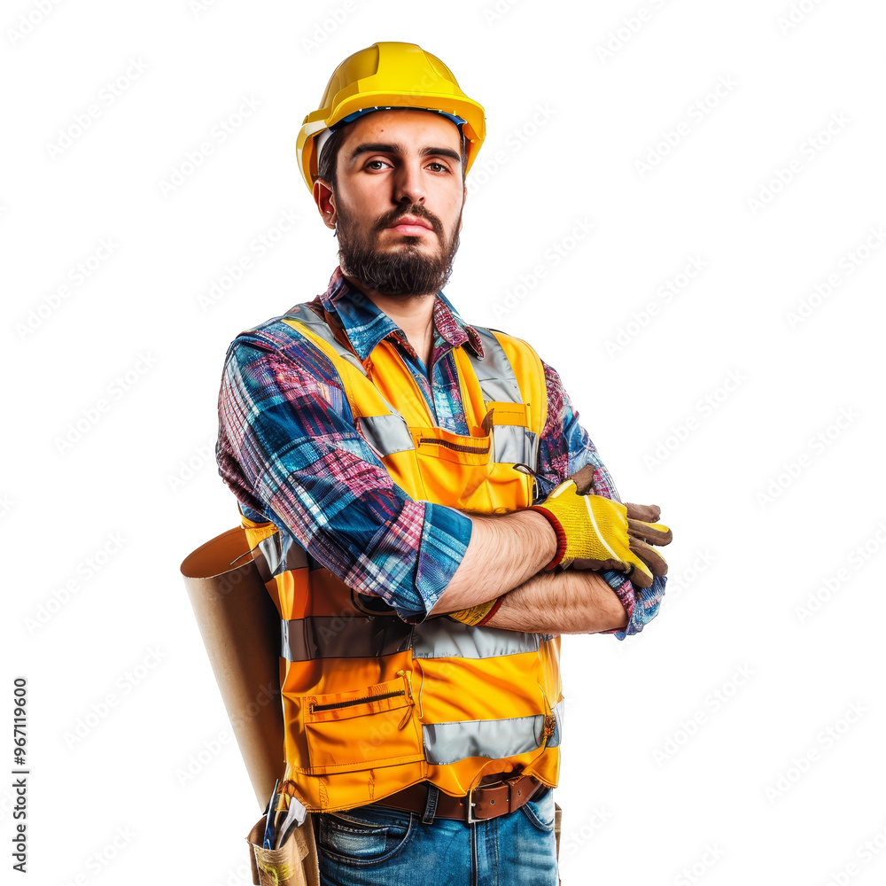 Construction worker in a safety vest stands confidently, wearing a hard hat and gloves, with rolled-up blueprints on a transparent background Construction worker in a safety vest stands confidently, wearing a hard hat and gloves, with rolled-up blueprints on a transparent background