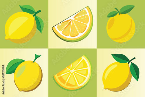 Lemon slices. fresh lemon with lice vector illustration. Fresh citrus, half-sliced lemons, and chopped lemon.