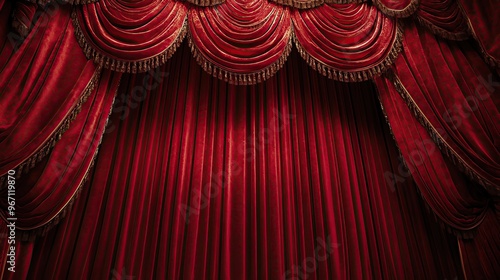 A rich, red velvet theater curtain drawn open, inviting the audience into a captivating performance. A touch of elegance and drama.