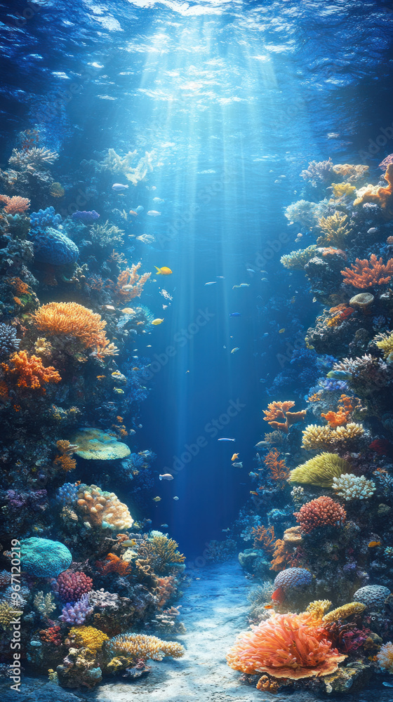 Obraz premium A colorful coral reef with a bright blue sky above it. The reef is teeming with fish and other sea creatures