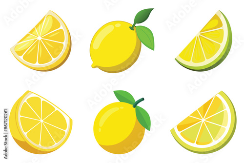 Lemon slices. fresh lemon with lice vector illustration. Fresh citrus, half-sliced lemons, and chopped lemon.