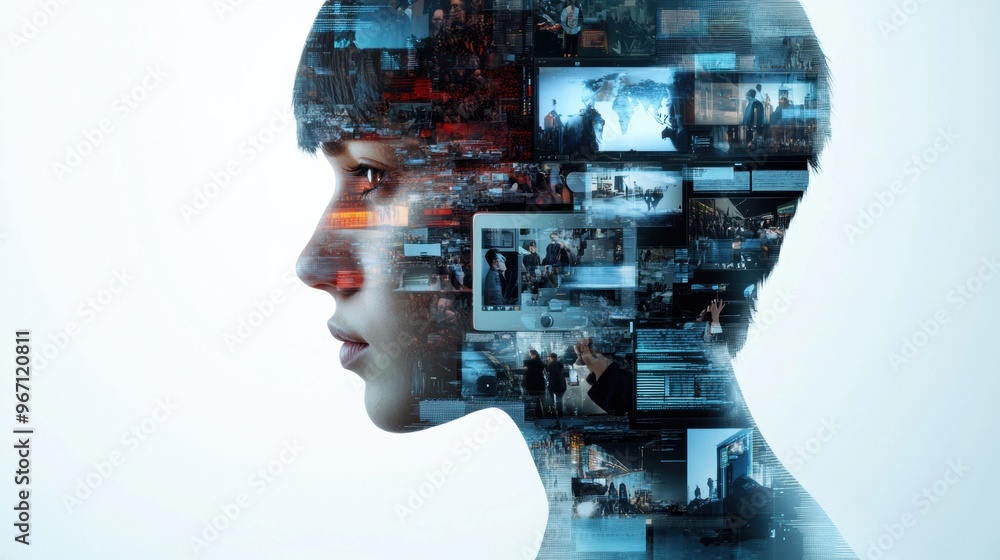 A person's head with a collage of images and people, AI A person's head with a collage of images and people, AI