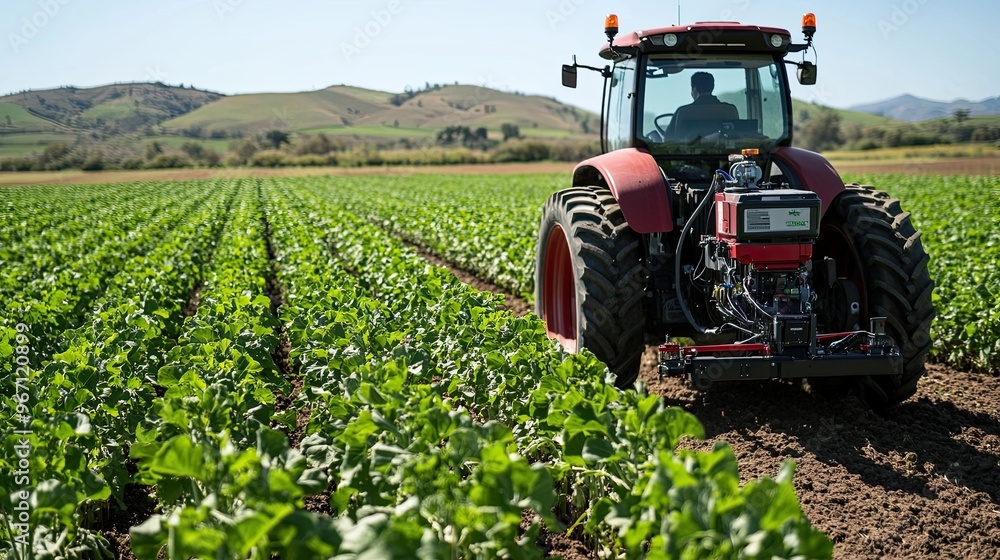 A robot farmer driving a tractor through a field, its sensors and cameras scanning the crops for optimal growth and yield. A robot farmer driving a tractor through a field, its sensors and cameras scanning the crops for optimal growth and yield.