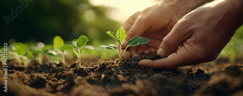 Nurturing Growth: Hands Planting Seedling in Fertile Soil