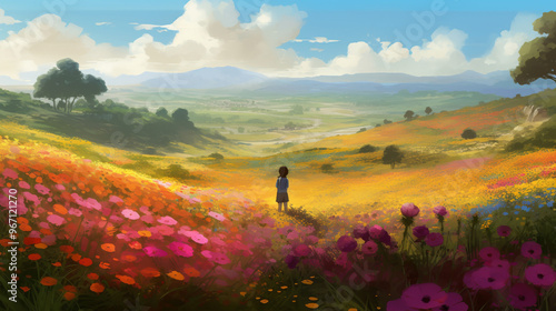 man is standing in a lush flower field