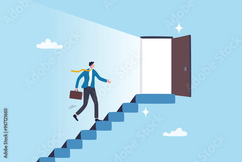 Career opportunity, doorway to success, solution or hope for aspiration, entering opening door for new career chance, possibility concept, businessman walk staircase to find opening opportunity door.