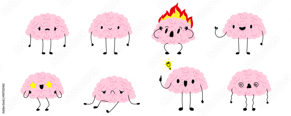 Adorable curious human brain with face. Cartoon character isolated on white background. Kawaii happy brain character and sad crying brain character. Hand drawn symbols of healthy and depressive mind. Adorable curious human brain with face. Cartoon character isolated on white background. Kawaii happy brain character and sad crying brain character. Hand drawn symbols of healthy and depressive mind.