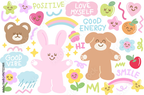 Teddy bear, bunny, puppy, flowers, star, heart, apple, orange, rainbow, rain and clouds for cartoon character, card print, animals, zoo, souvenir shop, cute patch, toy, doll, nature, park, garden, ads