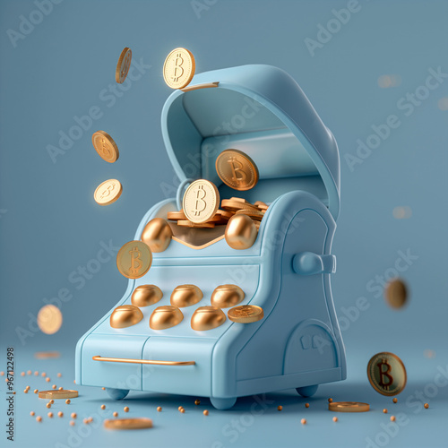 Vintage cash register with floating gold coins, cryptocurrency, financial background. Generative AI photo