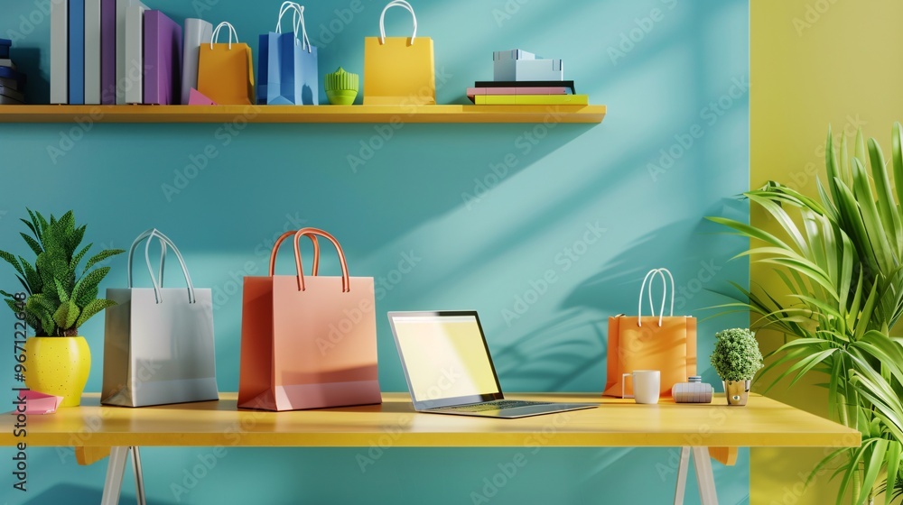 66. Vibrant home office scene of a small business, with shelves of parcel boxes and colorful shopping bags placed next to a laptop on a table, representing the online shopping and packaging process 66. Vibrant home office scene of a small business, with shelves of parcel boxes and colorful shopping bags placed next to a laptop on a table, representing the online shopping and packaging process