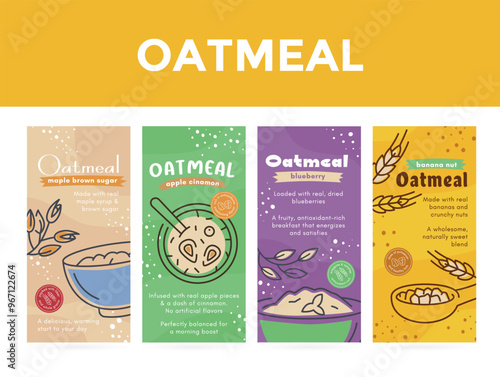 Colorful packaging designs showcasing four flavors of oatmeal displayed on a bright background for a wholesome breakfast option