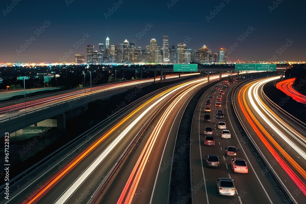 Fototapeta premium Urban Nightscape of Traffic Jams with Vibrant Light Trails on a Bustling Highway Skyline
