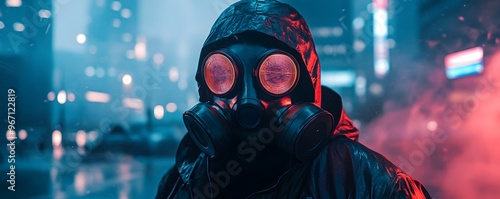 Man in Gas Mask in Neon City photo