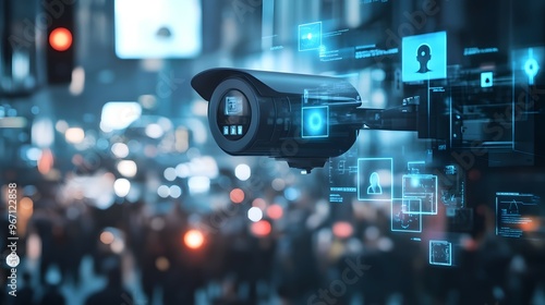 Surveillance Camera with Digital Overlay in City Street