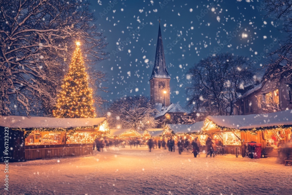 Snow-Covered Christmas Market with Illuminated Tree and Church Tower Snow-Covered Christmas Market with Illuminated Tree and Church Tower