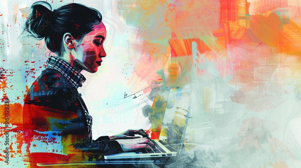 72. Detailed collage template of a lady employee searching for job offers on a netbook, blending painting and digital elements to illustrate the concept of recruitment and hiring 72. Detailed collage template of a lady employee searching for job offers on a netbook, blending painting and digital elements to illustrate the concept of recruitment and hiring