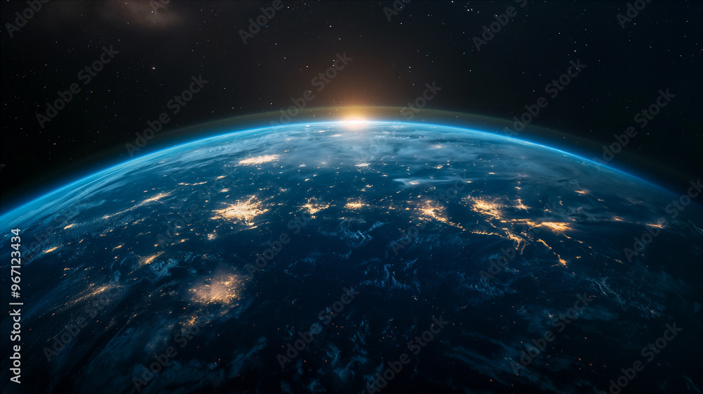 Fototapeta premium View of Earth from space, blue planet with city lights on dark cosmic background. Generative AI