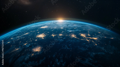 View of Earth from space, blue planet with city lights on dark cosmic background. Generative AI