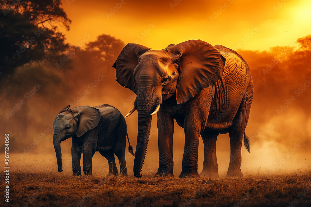 Fototapeta premium Elephant family grazing in a savannah with dust clouds rising from the ground