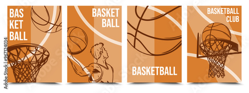 Basketball tournament poster set. Basketball sport league championship backgrounds. Basketball ball goal in basket, hoop, jumping player on orange background