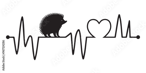 Heartbeat line with Hedgehog silhouette, Hedgehog and Heartbeat frequency with Heart Love Vector illustration
