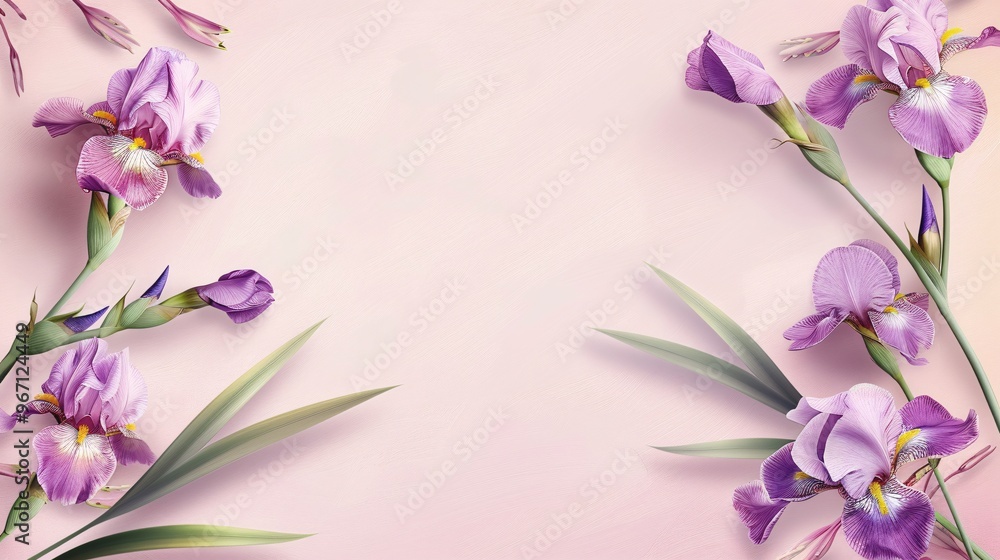 87. Detailed luxury invitation card design in a botanical style with beautiful irises set against a pink background, ideal for weddings and special events 87. Detailed luxury invitation card design in a botanical style with beautiful irises set against a pink background, ideal for weddings and special events