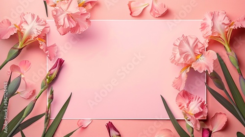 88. Exquisite invitation card template with irises on a pink background, designed in a luxurious botanical style for use in weddings, concerts, and special occasions photo