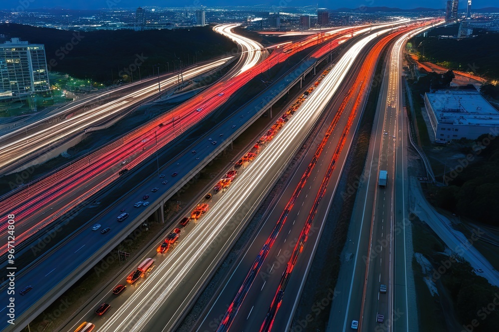 Vibrant Aerial View of Highway Congestion with Illuminated Light Trails in a Nocturnal Urban Landscape Vibrant Aerial View of Highway Congestion with Illuminated Light Trails in a Nocturnal Urban Landscape